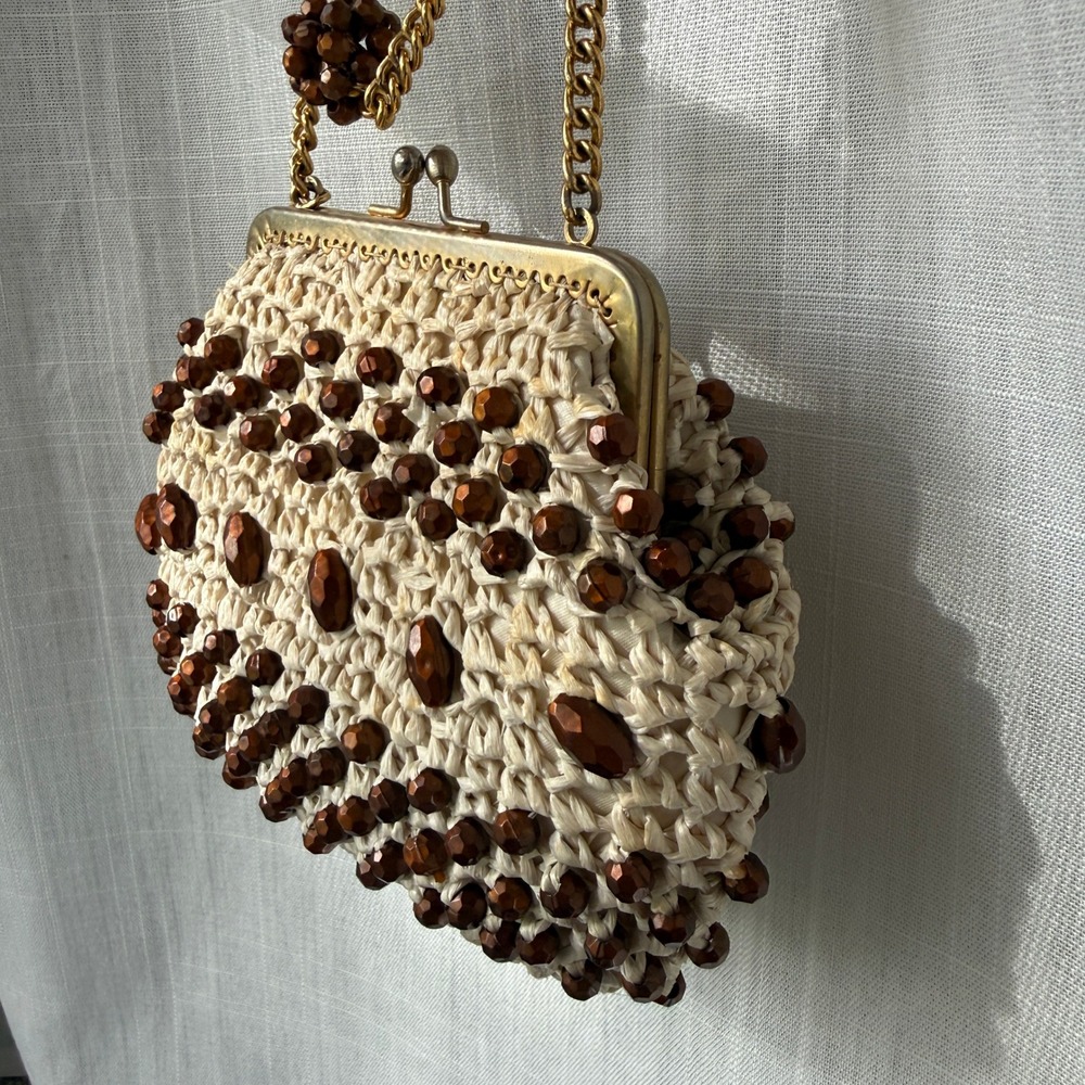 Vintage‎ Beaded Clutch Bag Raffia Crochet Chain Strap Made in Italy Evening Bag - Picture 3 of 10